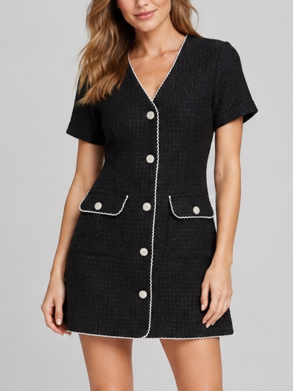 🆕🖤🤍AQUA Black Tweed Lace Trim Button Front Dress Bloomingdale’s Office Size M